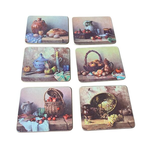 Vintage Melamine Coasters Fruit Still Life by R Chailloux French Cork Back Set 6 - Picture 1 of 2
